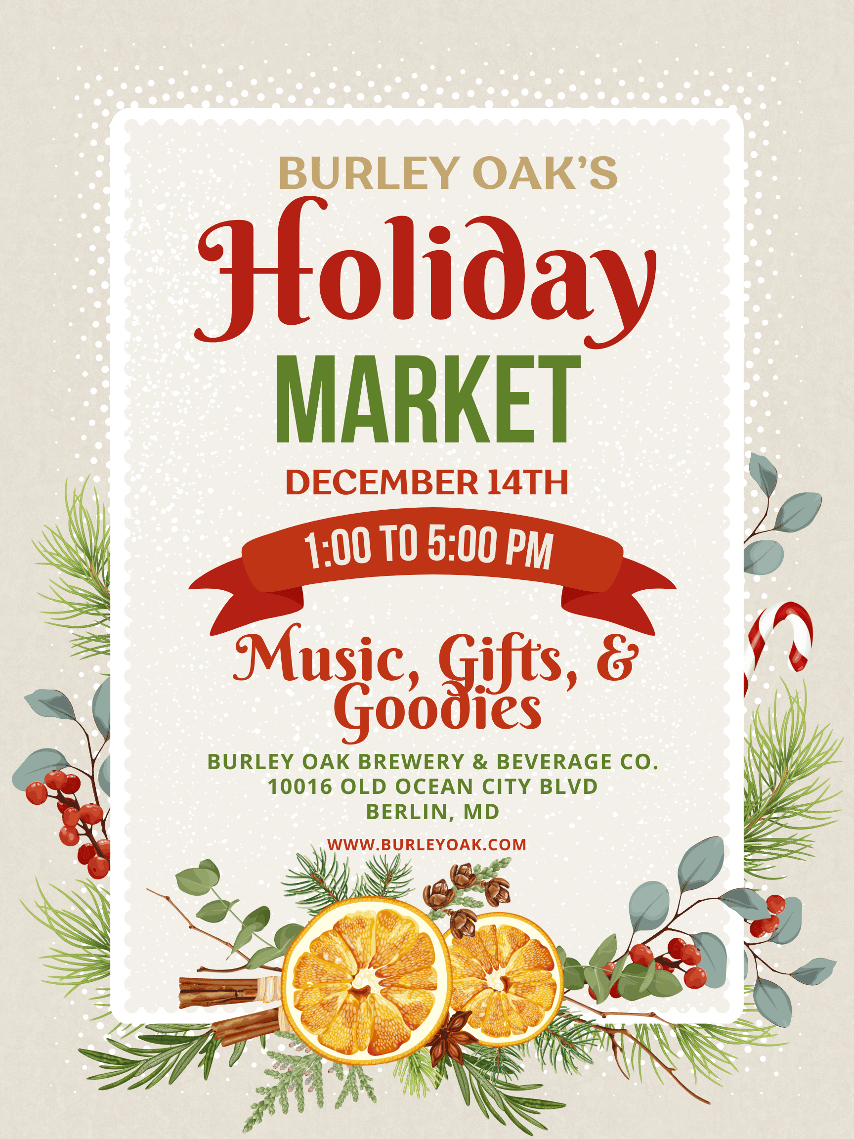 a flyer for a holiday market with oranges
