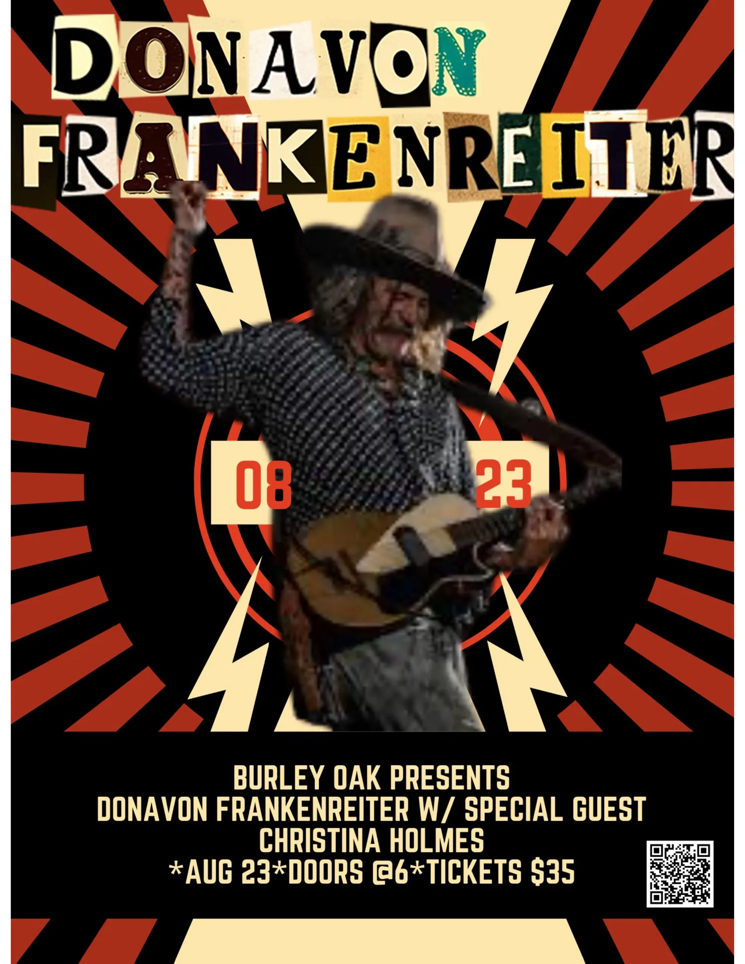 Man playing banjo with cowboy hat in front of lightning graphic background. Burley Oak Presents Donavon Frankenreiter w/ Special Guest Christina Holmes